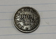 1924 "F" Germany Weimar Republic Silver 3 Mark DREI MARK