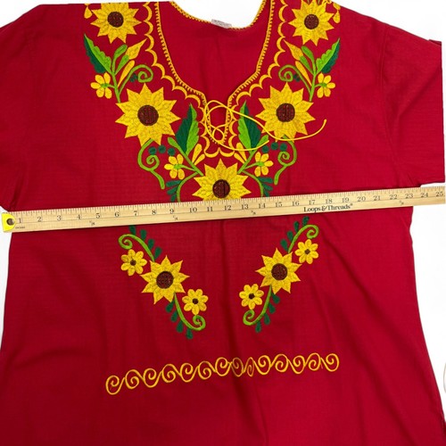 Blusa Campesina Mexicana Bordada Rojo Girasol Floral Top 100% Algodón XL Boho - Imagen 9 de 9