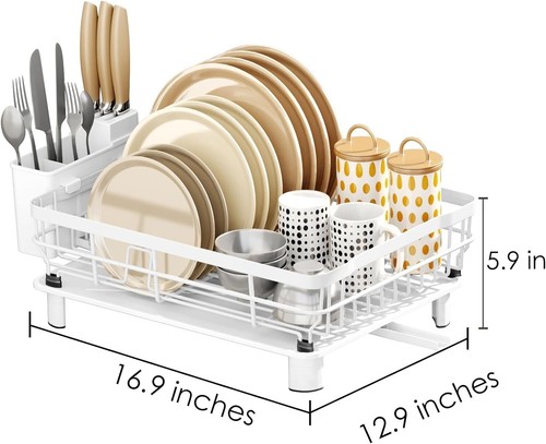 Large Dish Drying Rack Kitchen Shelf w/ Drainage Knife Fork Utensil Cup Holders - Picture 2 of 10