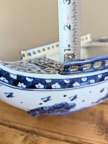 Antique Japanese Hirado Porcelain Boat Ship Display Bird Waves Anchor Blue Flow - Picture 23 of 23