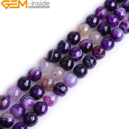 Natural Purple Striped Agate Gemstone Loose Beads For Jewelry Making 15" Faceted - Picture 14 of 28