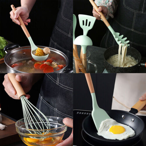 12Pcs Kitchen Silicone Non-stick Spatula Wooden Handle Cooking Utensil Set Tools - Picture 9 of 16