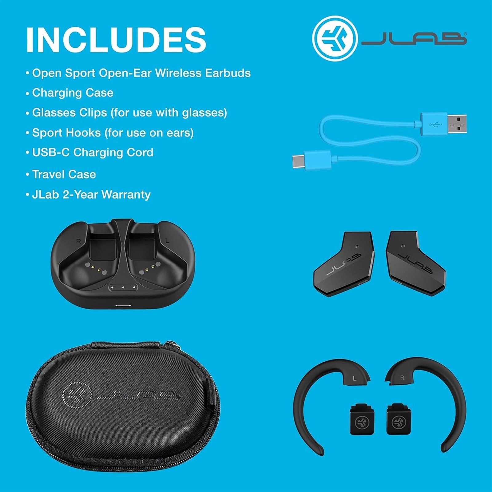 JLab Open Sport OpenEar Wireless Earbuds, Black, Bluetooth Multipoint