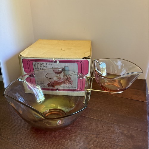 Set insalata vintage Indiana Glass 3 pezzi Rubino Chip & Dip #0519 con scatola originale - mancante - Foto 7 di 7
