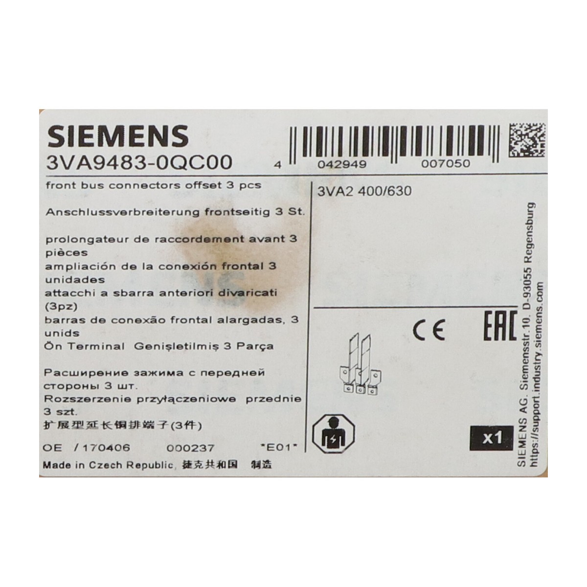 Siemens 3VA9483-0QC00 Front Bus Connectors 3 Pieces New NFP (3pcs