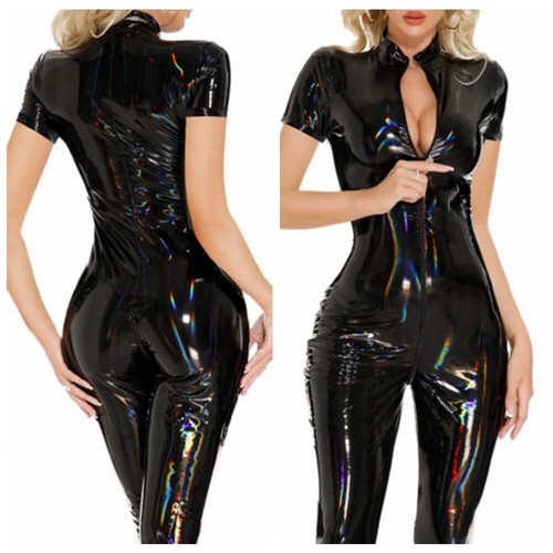 Womens Shiny Short Sleeve Slim Jumpsuit Bunny Lady Costume Front Zipper Bodysuit - Picture 3 of 21