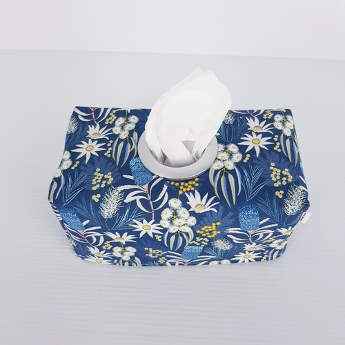 Tissue Box Cover Handmade Navy Blue Floral Print Silver Circle Opening New - Picture 2 of 11