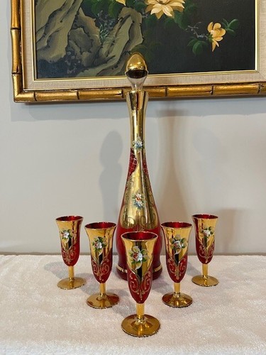 Murano Glass Decanter & 5 Glass Set - 24K Gold - Enamel Flowers - Cranberry Red - Picture 9 of 24