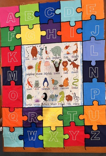 Alphabet PUZZLE PIECE QUILT TOP ALL BLOCKS Already Sewn- COTTON - Picture 3 of 3