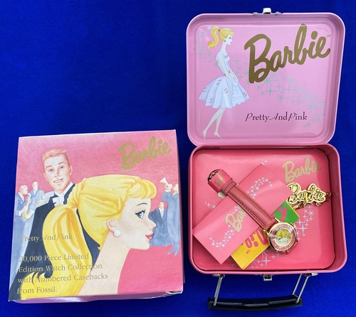 Vintage 1994 Barbie 35th Anniversary Fossil Watch Pretty & Pink Lunchbox & Pin - Picture 1 of 9