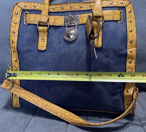 Michael Kors MK Blue Denim Yellow Crocodile Embossed Trim Satchel Tote Bag - Picture 11 of 13