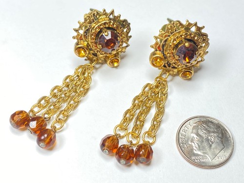 W.GERMANY Vintage Gold Tone Dangle Clip Earrings Amber Colored Stones - Picture 2 of 8