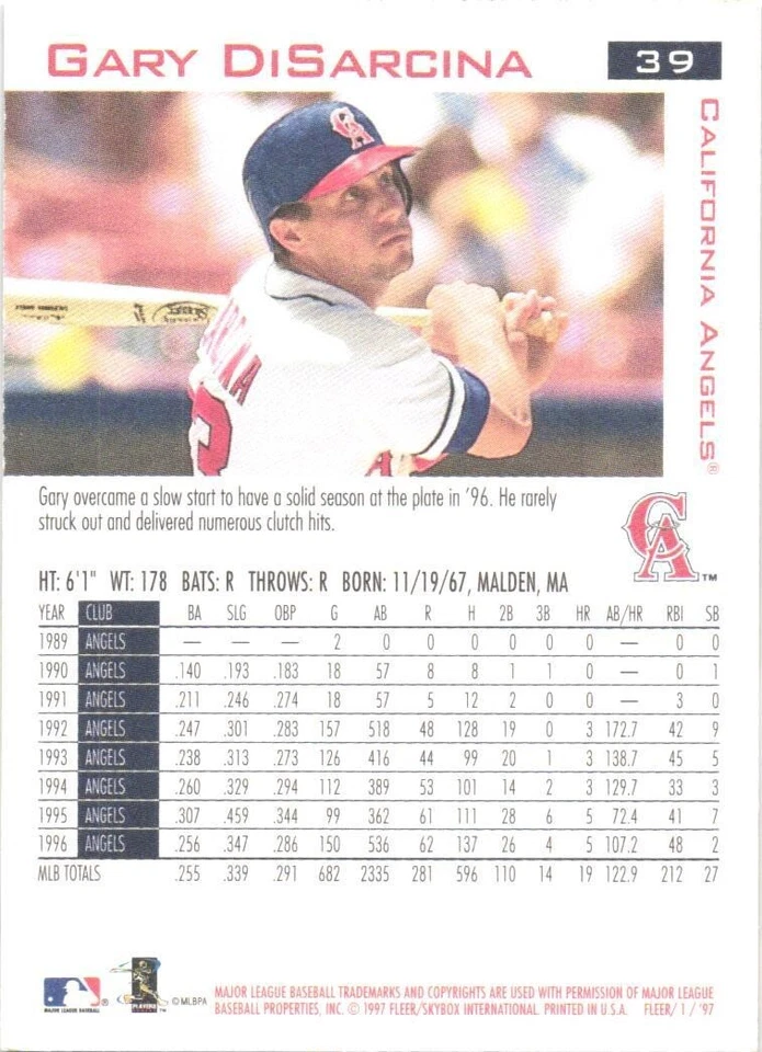 1997 Fleer #39 Gary DiSarcina California Angels - Image 2 of 2