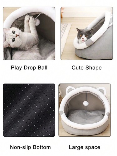 1pc Ear Decor Cute Cat Bed For Indoor Soft Pet Cave Beds - Picture 2 of 3