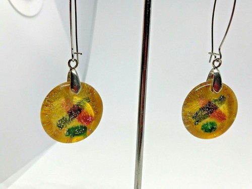 Vintage Silver Metal Fossil inside Amber Look Long Drop Earrings 1980' - Picture 2 of 5