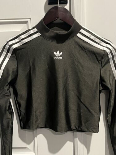 NWT adidas 3-Stripes Cropped High Neck Long Sleeve Shirt - Shadow Olive -Small - Picture 3 of 10