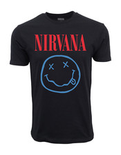 NIRVANA FAUX SMILE T SHIRT RED WITH BLUE LOGO