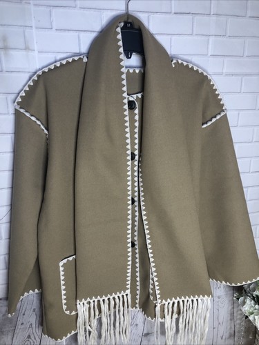 Commense Chaqueta Para Mujer Con Borde en Contraste Bolsillos De Gran Tamaño Beige Bufanda Talla M Nueva - Imagen 5 de 10