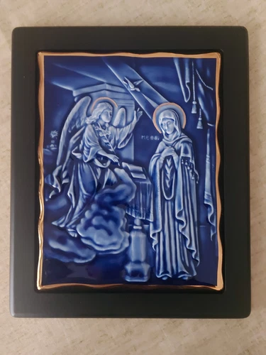 Annunciation of Virgin Mary Religious Orthodox Byzantine Icon Porcelain and Gold