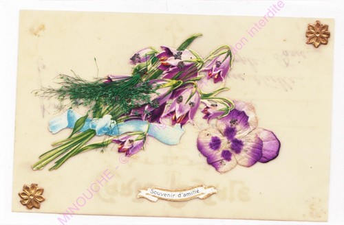 CPA CELLULOID DECOUPIS Souvenir d amitié bouquet de violettes - Picture 1 of 2