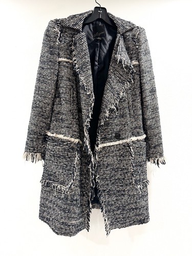 MCGINN Coat Jacket Womens 2 Black Boucle Tweed Fringe Dressy Double Breasted
