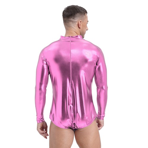 Mens Metallic Shiny Athletic Leotard Bodysuit Mock Neck Bodycon Yoga Jumpsuit - Picture 69 of 78