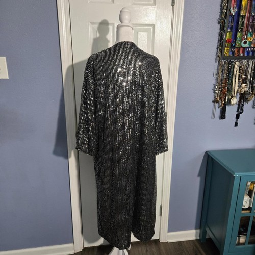 Neu ohne Etikett Damen 2XL atemberaubender schwarzer Pailletten Kimono Jacke Weihnachten Party Urlaub Neujahr - Bild 8 von 9