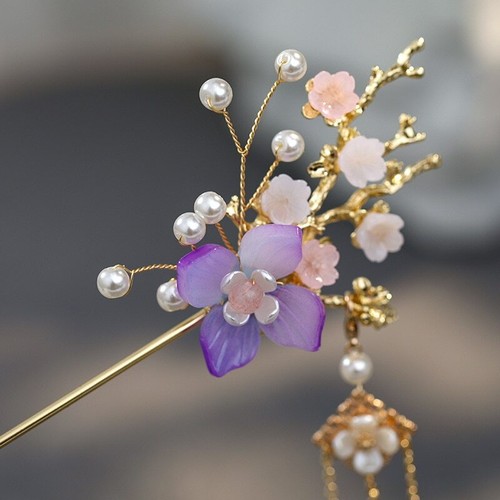 Palitos de pelo de borla larga con perlas de flores antiguas estilo chino joyas femeninas - Imagen 5 de 8