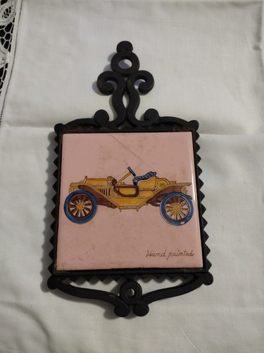Vintage Cast Iron Tile Trivet Hand Painted Crown Japan Old car on Pink Tile - Picture 1 of 6