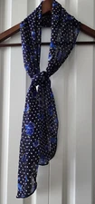 Navy Blue White Polka Dot, Blue Roses Scarf Belt Finished Edge -8.5in x59in