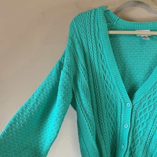 VTG Mint Green Cable Diamond Argyle Cotton Knit V Neck Grandpa Cardigan Women XL - Bild 11 von 11