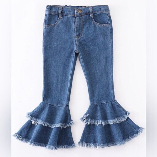 Girls Double Ruffle Blue Bell Bottom Jeans NWOT 10 Boutique Adjustable Waist