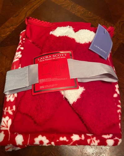 Laura Scott Women's 3Pc Plush Pajama Cozy socks Lace neck holiday print Size XL - Picture 2 of 5