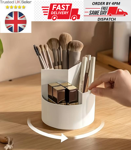 Rotating Makeup Brush Holder 3 Compartments, Cosmetic Organizer desktop Storage - Picture 1 of 6