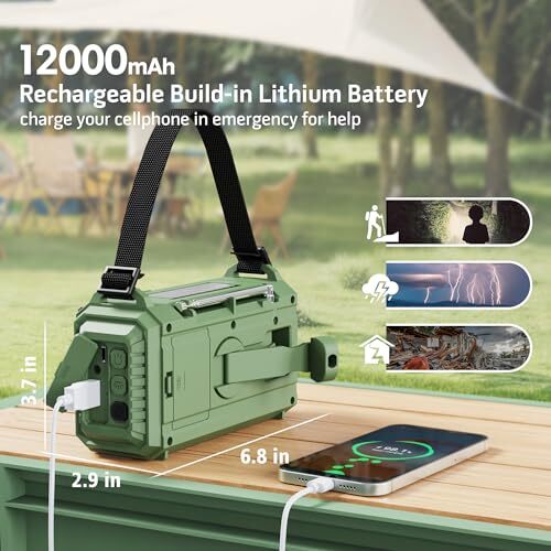 12000 Emergency Radio, NOAA Weather Radio with AM/FM/NOAA/SW,SOS Army Green - Picture 3 of 7