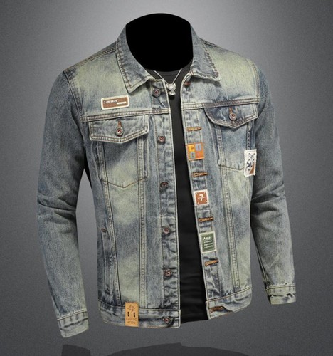 Herren Retro Blau Denim Jeansjacke Knopf Mantel Motorrad Punk Hip Hop Freizeit - Bild 2 von 9