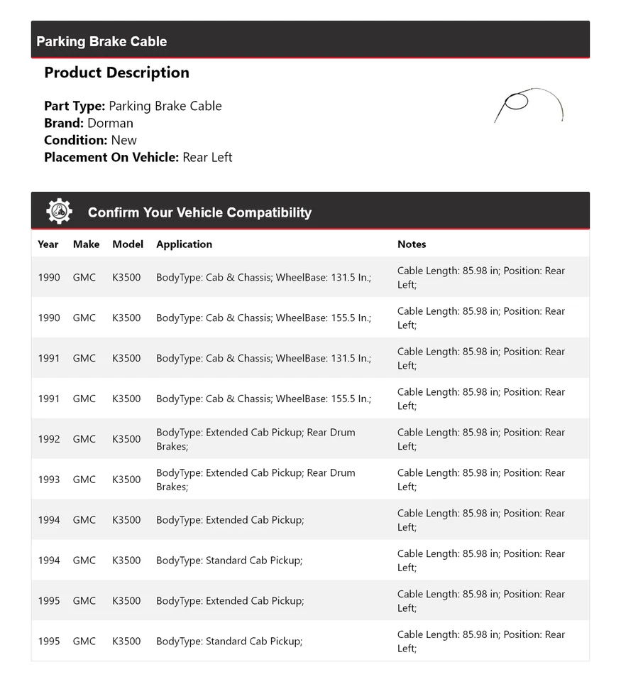 For 1990-1995 GMC K3500 Dorman Parking Brake Cable Rear Left 1991 1992 1993 1994 - Image 2 of 3