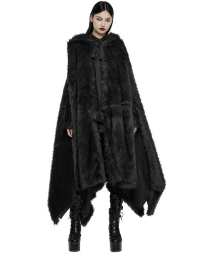 Punk Rave Womens Long Gothic Faux Fur Asymmetric Hooded Winter Cloak Cape Black - Picture 8 of 13
