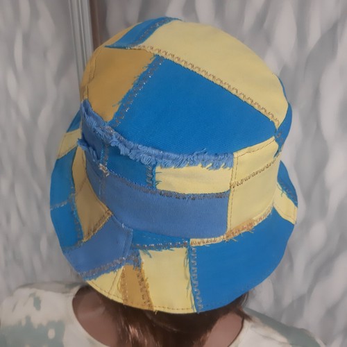 Sombrero de mezclilla mosaico, Boho azul-amarillo sombrero de jean estilo callejero - Imagen 8 de 10