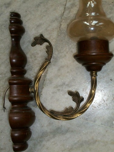 2 antike Wandlampen Bronze vergoldet Holz Schalen Kristall Bernstein Klassik Stil - Bild 4 von 7