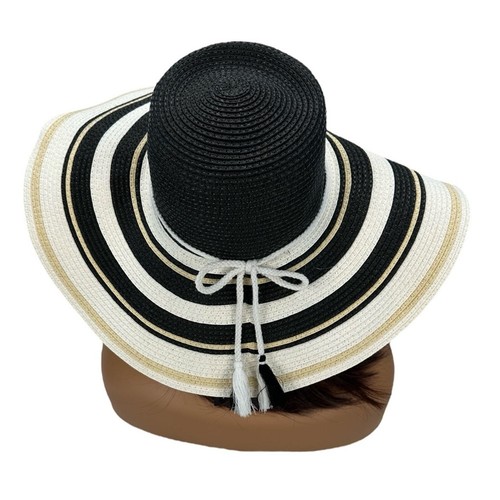 INC Large Striped Pattern Sun Hat - White Cream Black -One Size - Picture 6 of 10