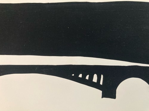 Très belle Peinture gouache Pont dessin abstrait 1990 Papier Art À Identifier
