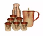 Pure Copper Set Bottle Hammered Jug Tumbler Pot Pitcher Vessel Set 8 Pcs Set