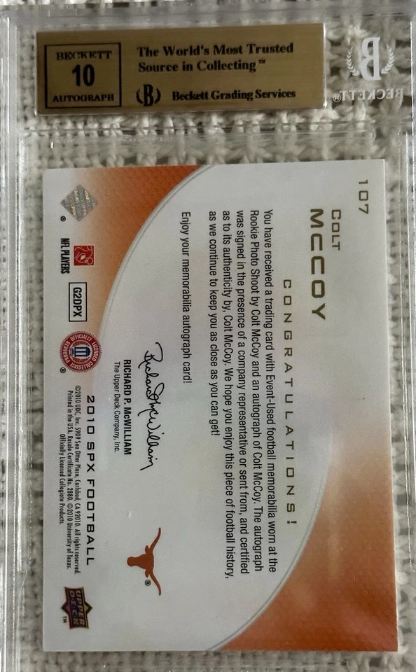 Colt McCoy Rookie Card 2010 SPX Patch Autograph Jersey  BGS 9.5 GEM MINT # 83/99 - Image 4 of 4