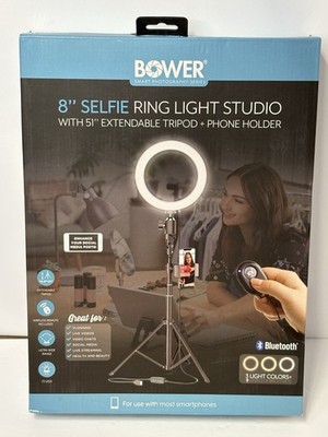 Bower 8'' Selfie Ring Light Studio w 51'' Extendable Tripod and Phone Holder NIB