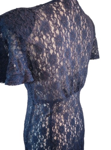 Vestido De Colección Años 90 Encaje Transparente Mediano Azul Marino Abotonado Hada Capricho Romántico - Imagen 7 de 11