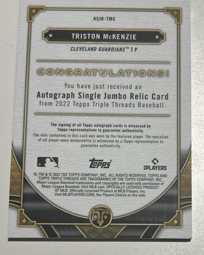Topps Triston McKenzie Auto Triple Threads Single Jumbo Relics Amethyst /75 - Bild 2 von 2