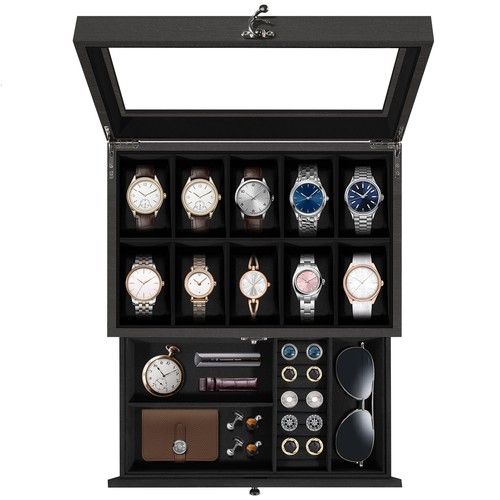 Anthrazit gebrannte Paulownia Double Layer Uhrenbox mit 10 Fächern und Glasfenster - Bild 6 von 27