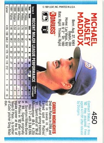 1992 Donruss #450 Mike Maddux Padres Signed Auto *L317 - Picture 2 of 2