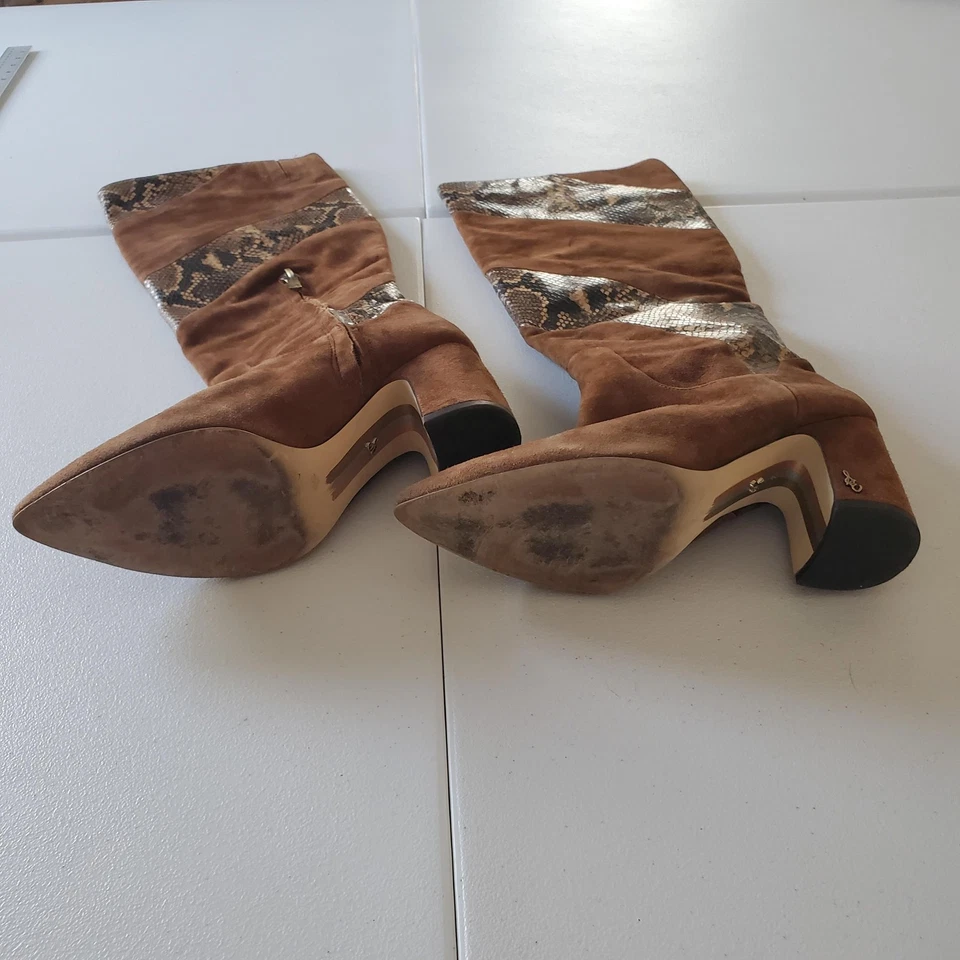 Botas Sam Edelman para mujer talla 7,5 marrón estampado de serpiente gamuza tacón alto cremallera Foto 4 de 4